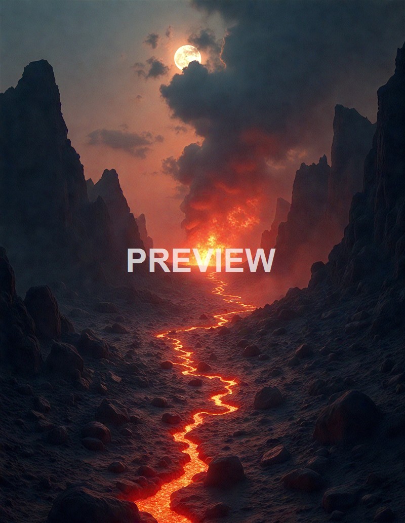 The image depicts a volcanic landscape at night with a glowing lava flow winding through rocky terrain, under a sky illuminated by a bright full moon and dark clouds.